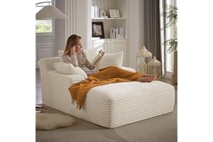 HRVEOCEI 67" Chaise Lounge Indoor, Oversized Chaise Lounge Chair with 3 Comfy Pillows for Living Room Bedroom, Wide Arms Corduroy Fabric High-Density Foam No Assembly Required (White)