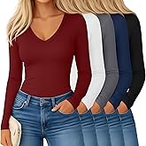 Yearntown 5 Pack Women's Long Sleeve V Neck Undershirts Slim Fit Basic Tee Shirts Ladies Stretchy Tight Layering Underscrubs