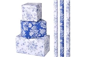 Titiweet Blue Floral Wrapping Paper Roll - Blue and White Wrapping Paper, 3 Rolls Gift Wrapping Paper for Bridal Shower Mothers Day, 17" X 120" Per Roll