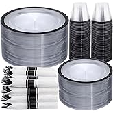 I00000 350 Pcs Clear and Black Plastic Plates,Black Dinnerware Set, Include 50 Dinner and 50 Dessert Plates,50 Plastic Cups,50 Pre Rolled Napkins with Cutlery for Party