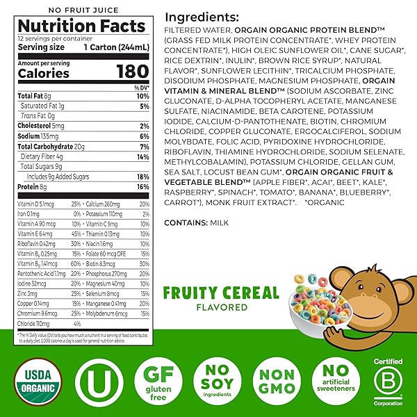 ORGAIN ORGANIC KIDS NUTRITIONAL PROTEIN SHAKE, FRUITY CEREAL – KIDS SNACKS WITH 8G DAIRY PROTEIN, 22 VITAMINS & MINERALS, FRUITS & VEGETABLES, GLUTEN FREE, SOY FREE, NON-GMO, 8.25 FL OZ (PACK OF 12)