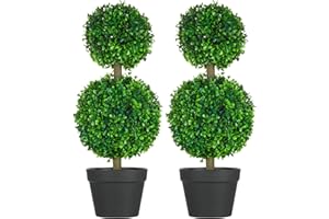 HOMCOM Set of 2 23.5" Artificial Ball Boxwood Topiary Trees with Pot, Indoor Outdoor Fake Plants for Home Office & Living Room Decor