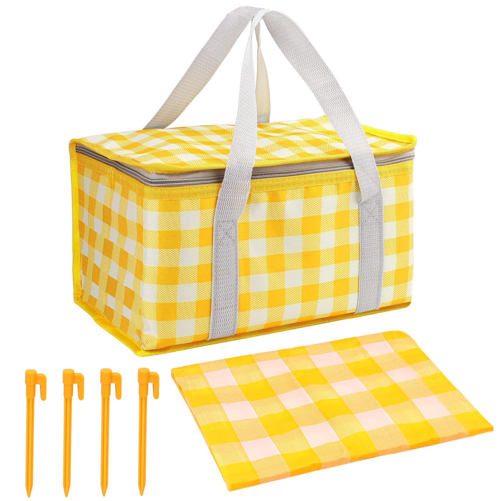 Huakaile Insulated Picnic Baskets 13.8*7.9*7.9 In with Picnic Blanket 70.9*70.9 In, Portable Waterproof Insulated Bags, Cooler Bags Beach Bags for Hot or Cold Outdoor Activity Beach Camping (Yellow)
