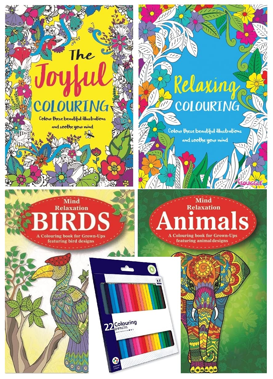 Set of 4 Colour Therapy Anti-Stress Adult Colouring Books + 22 Premium Colouring Pencils
