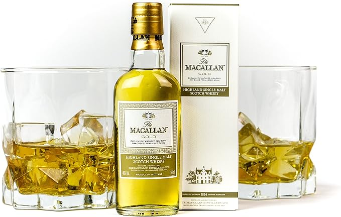 Macallan Gold Whisky Gift Set With 2 Old Fashioned Glasses Unique Birthday Gift For Him Or Dad Amazon Co Uk Beer Wine Spirits