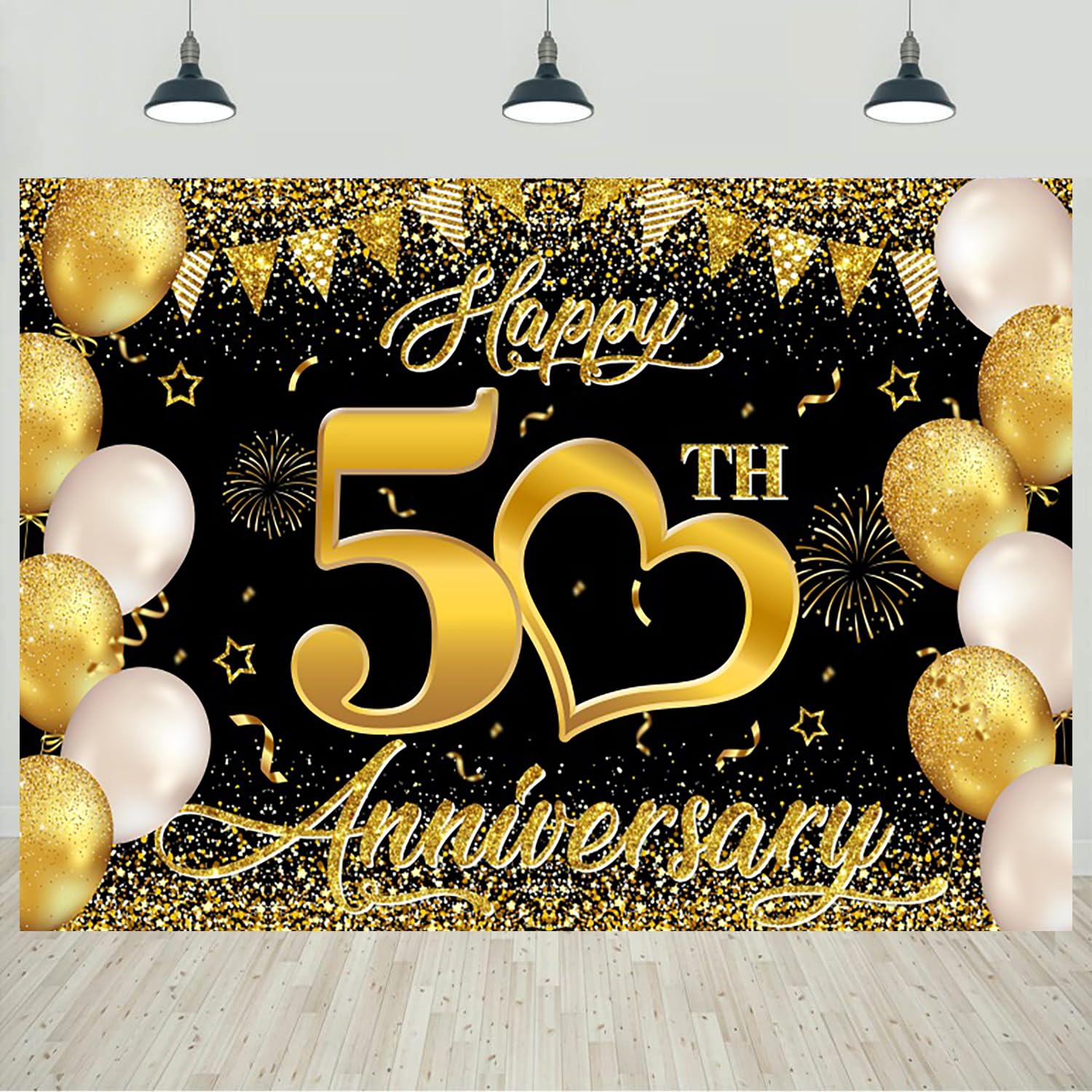 Photo 1 of 10x8ft Happy 50th Anniversary Backdrop Black Gold 50th Wedding Anniversary Party Photography Background Balloons Glitter Dots Decorations Portraits Banner Photo Studio Props
