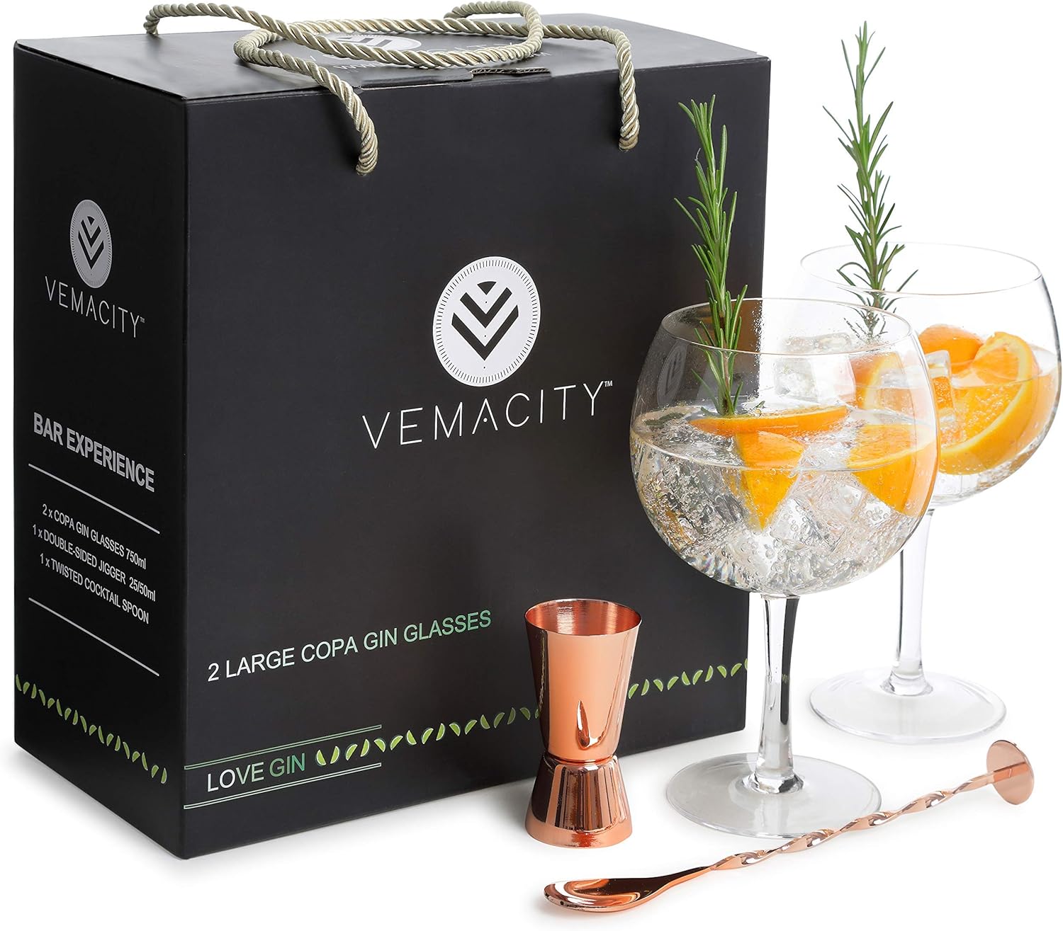 Vemacity Crystal Gin Glasses Set of 2, Balloon Gin Glasses + Rose Gold Accessories, Set of 2- Rose Gold Bar Tools