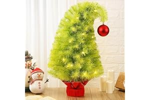 Motionchic 2 FT Whimsical Mini Christmas Tree Tabletop Decoration Small Lime Green Christmas Artificial Tree Bendable with Red Ball Ornaments for Holiday Desk Home Office Table Fireplace