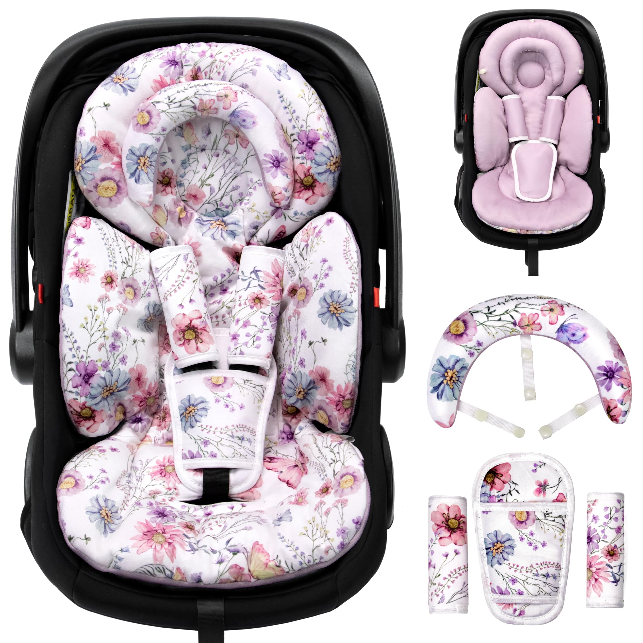 Photo 1 of TinlyFinly Infant Car Seat Insert with Extra Cushion for Preemie to Toddler, Reversible Newborn Carseat Insert for Baby Head Body Support, Fits for Stroller, Baby Swing, Bouncer (Purple Wildflower)