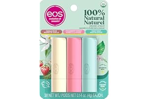 EOS 100% Natural & Organic Lip Balm Stick, Variety Pack, Vanilla Bean, Strawberry Sorbet, and Sweet Mint, 12g, 3-pack
