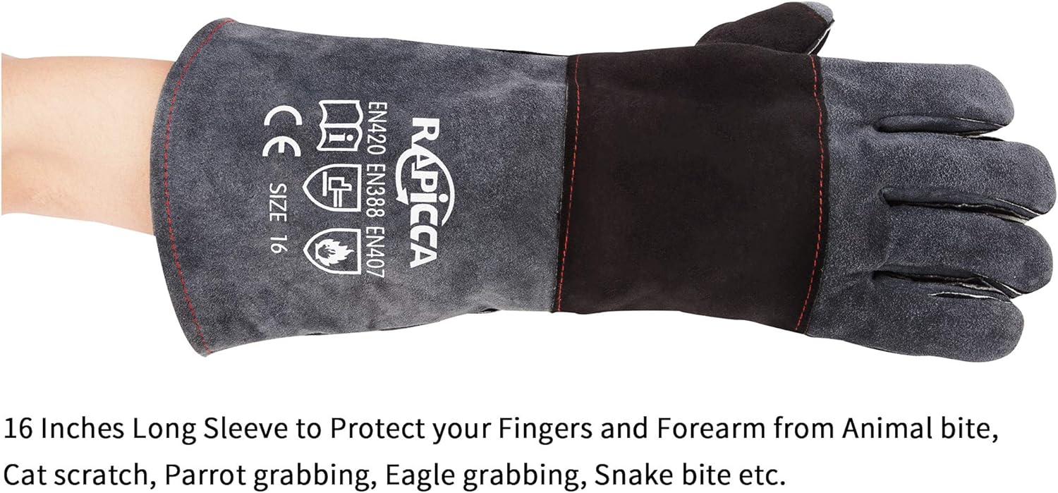 RAPICCA Animal Handling Gloves Bite Proof Kevlar Reinforced Leather Padding Dog, Cat Scratch, Bird Handling Falcon Gloves Grabbing, Reptile Squirrel Snake Bite 16in Grey-Black - - 