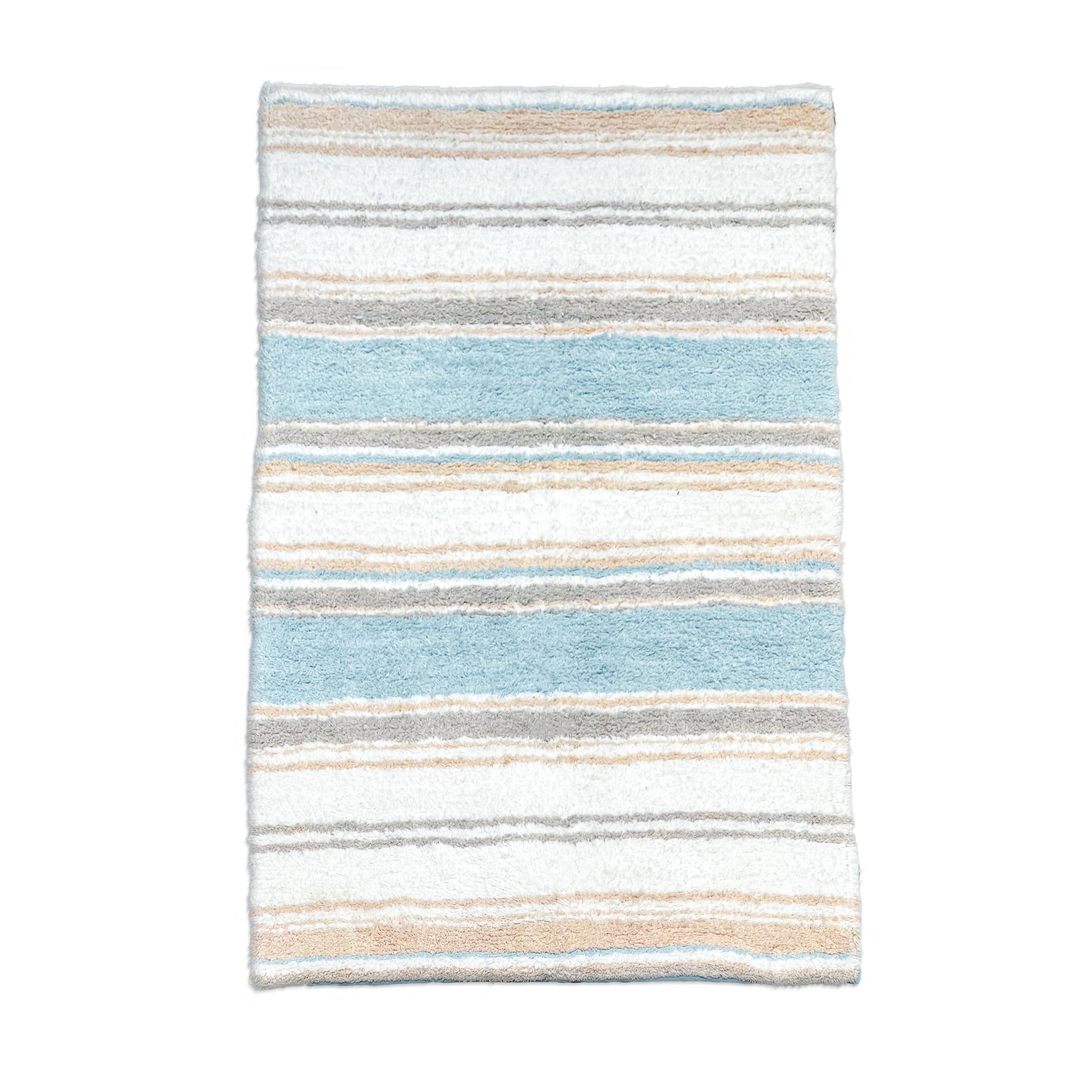 Chardin home Maui Bath Mat, 21 x 34 Inches | Non Slip Bathroom Rug, Machine Washable, Plush, Highly Absorbent | Costal Blue-Beige-White