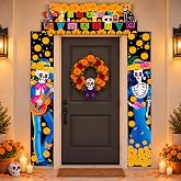 3 Pcs Day of the Dead Door Decorations, Dia De Los Muertos Door Banners | Mexican Skulls Porch Sign Banner, Halloween Party Hanging Supplies, for Outdoor Mexico Halloween Front Doors Wall Decor