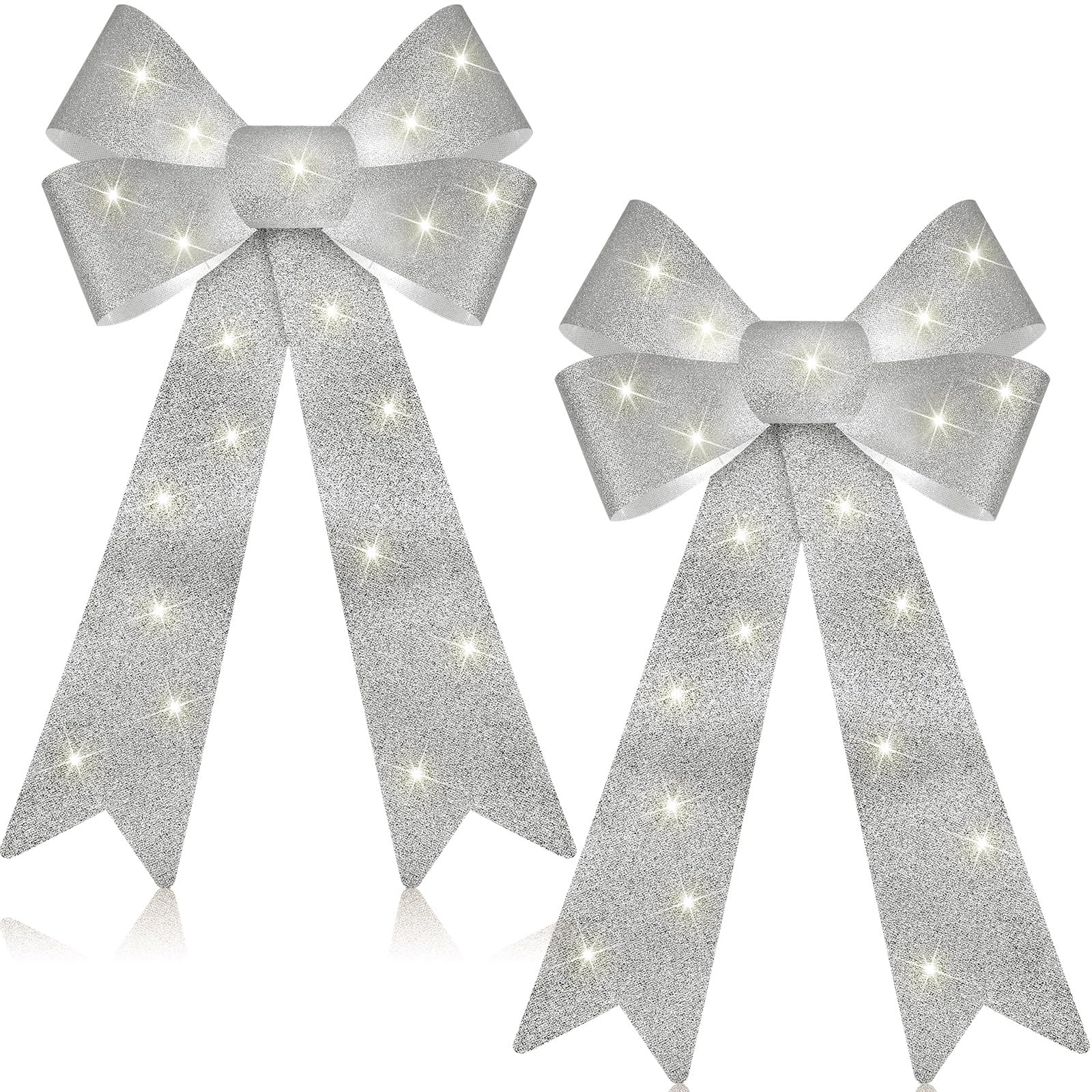 Photo 1 of 2 Pcs Christmas LED Wreath Bow Large 24 x 12 Inch Xmas Lighted Wreath Christmas Tree Topper Bows Winter Wall Decor for Holiday Indoor Outdoor Home Xmas Decoration(Silver)