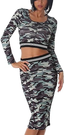 Voyelles Damen Camouflage 2-Teiler Set Kombination Bolero Langarm-Top mit Rock Feinripp Stretch