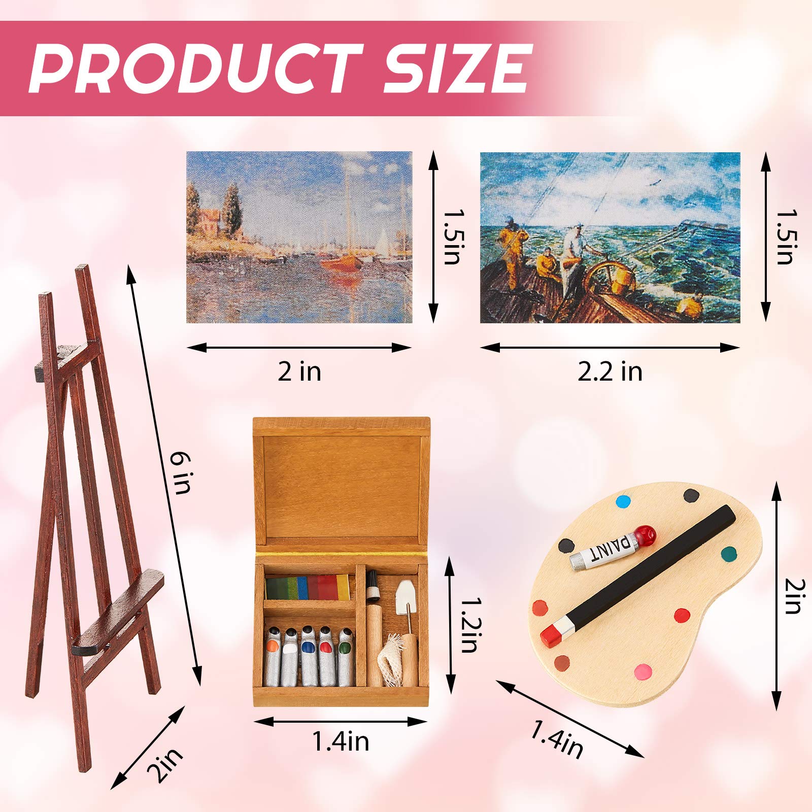 Skylety 3-Piece Dollhouse Painting Tool Accessories Set - Wooden Easel, Miniature Palette, Watercolor Box for Dolls
