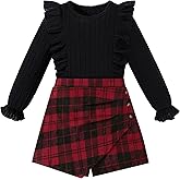 Yagudu Girls Clothes Ruffled Long Sleeve Top and Plaid Skort 2PCS Set Fall Winter Girls Outfits Size 5-14