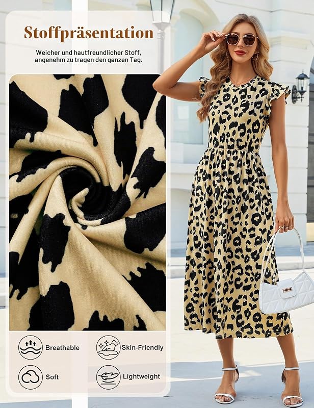 Sommerkleid Damen Elegant Maxikleid Casual Rundhals Lang Kleid mit Rüschen Ärmeln Sommer Hohe Taille A Linie Freizeitkleid Strandkleid mit Taschen (Hellblau mit Blumenmuster, M)