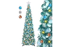 SINTENILL 5 FT Pop Up Christmas Tree with Timer Lights and Decorations, Ice Blue Artificial Tinsel Christmas Tree with 24 Ball Ornaments, Collapsible Pencil Tree for Home, Office, Holiday Party