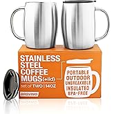 Stainless Steel Coffee Mugs with Lid (Set of 2) - 14 oz Double Walled Steel Coffee Glasses with Lid & Handle - Travel, Outdoor, Camping - Vacuum, Shatterproof, Durable