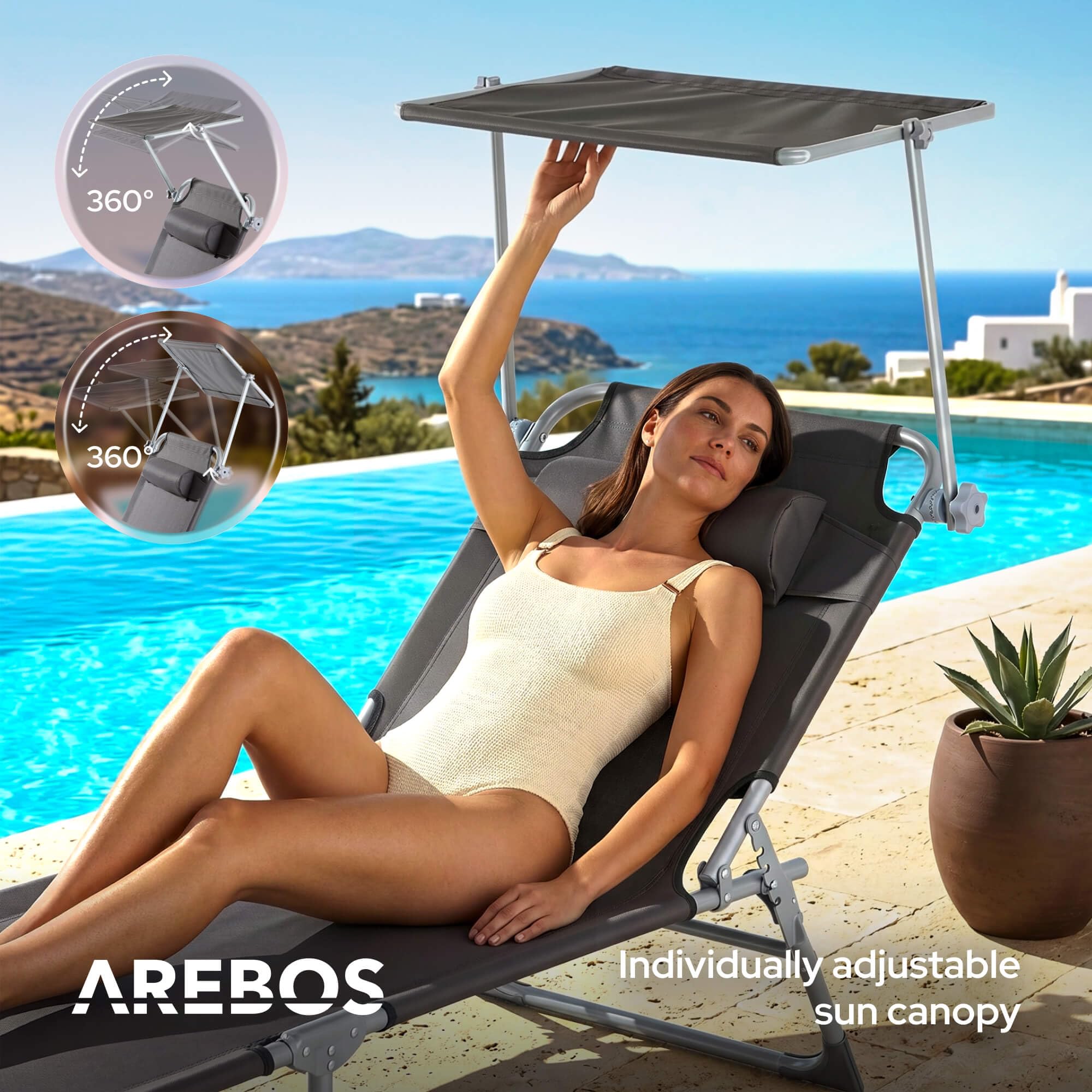 Arebos Sonnenliege & Liegestuhl klappbar mit Sonnendach | Gartenliege, Campingliege & Strandliege | Kopfkissen & Seitentasche | 4-Fach verstellbar | Relaxliege faltbar | bis 120 kg | Anthrazit 4