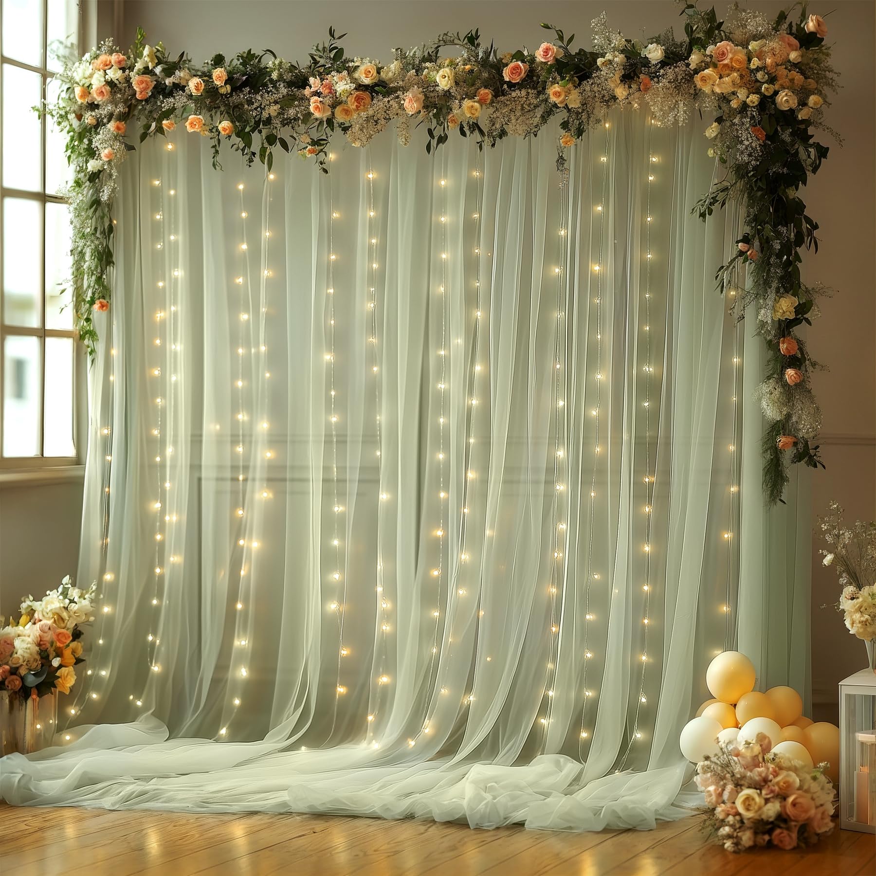 Photo 1 of 10x10FT Green Wrinkle Free Backdrop Curtains with Lights String for Parties - Photo Curtain Backdrop with Lights for Wedding Decorations, Bridal Baby Shower Birthday Party Photography Background