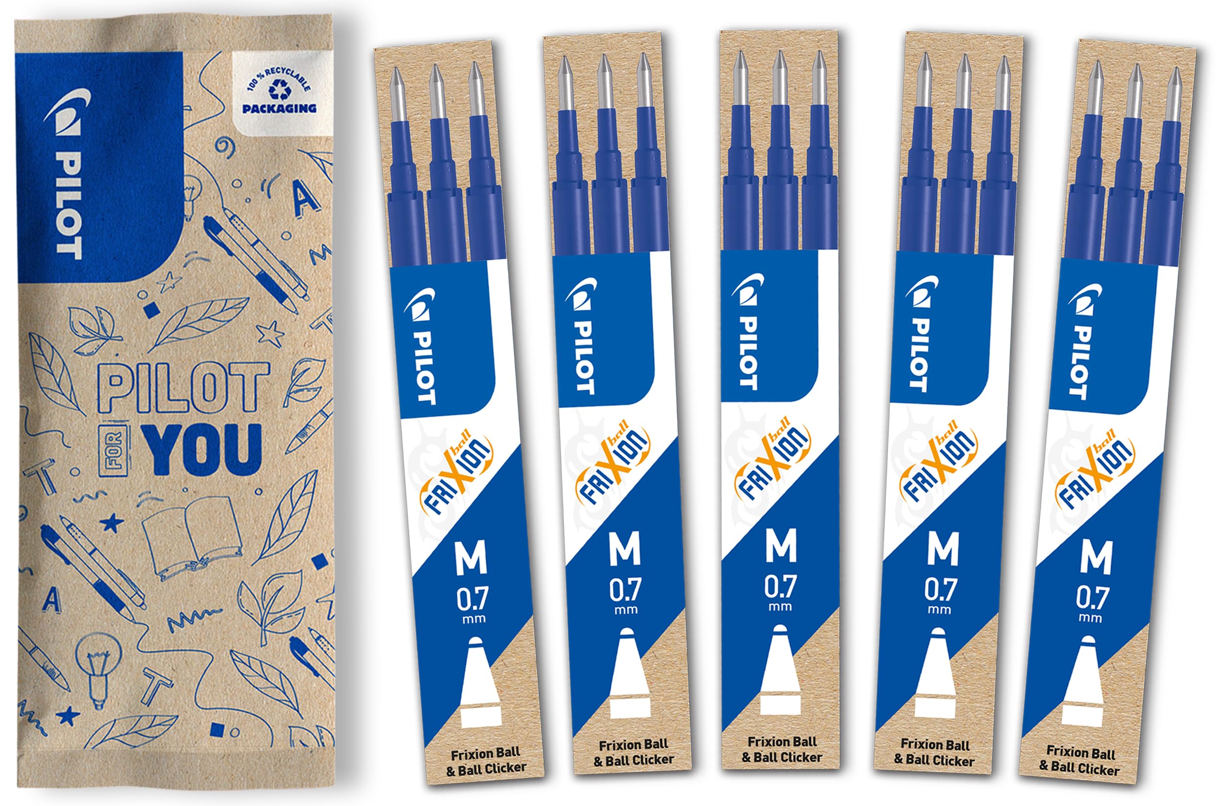 PILOT - Pack of 5 sets of 3 Refills 0,7 - Erasable ink for Frixion - Medium - Blue