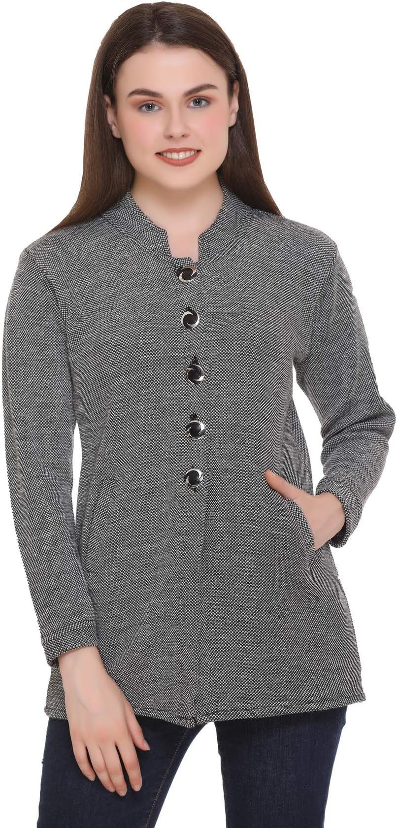 Women's Self Design Winter Wear Round Neck Woolen Cardigan (with Side Pockets)