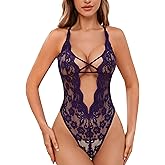 Donnalla Lingerie for Women Sexy Deep V Teddy Bodysuit Lace Babydoll Snap Crotch One Piece Underwire Lingerie