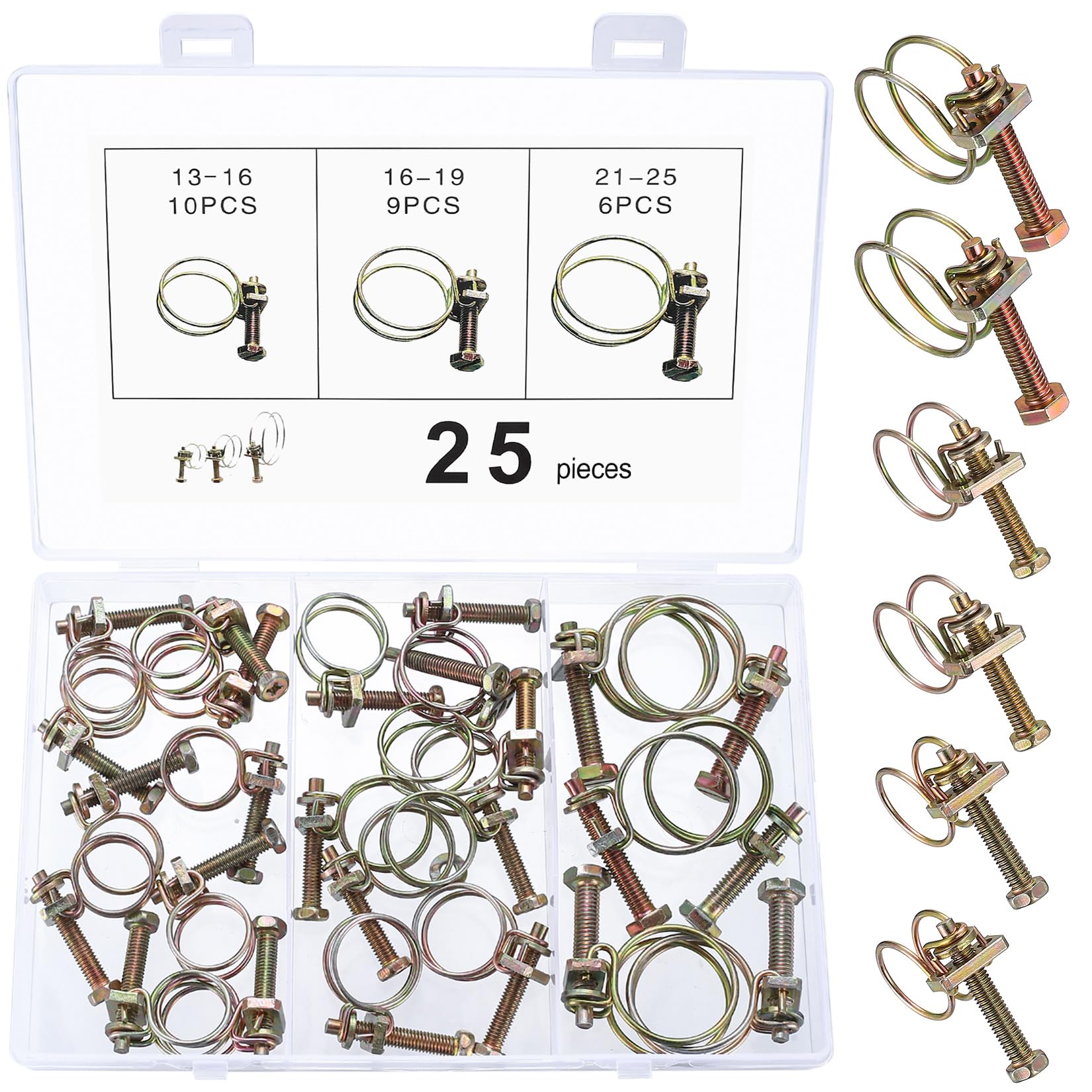 jiuxlaan 25 Pcs Double Wire Hose Clips, Adjustable Carbon Steel Hose Clamps, 13-16mm, 16-10mm, 21-25mm