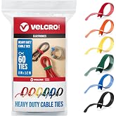 VELCRO Brand ONE-WRAP Cable Ties, Multicolor, 8in x 1/2in, 60 Pack | Heavy Duty Wire Management For Cord Bundling; Color Code