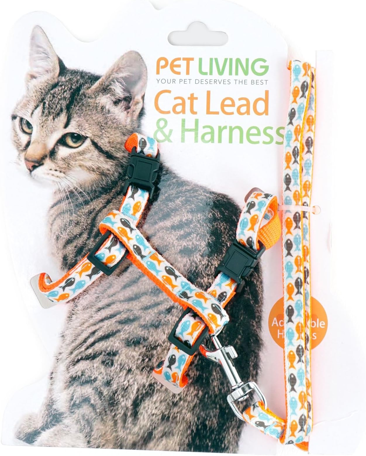 Pet Living Fully Adjustable Cat Harness and Lead/Leash/Collar Fish patterned (Orange)