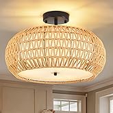 ZECOXOL Boho Flush Mount Ceiling Light Fixture 17.8",3 Light Rattan Chandelier Light Fixture Woven Wicker Ceiling Light Fixtu
