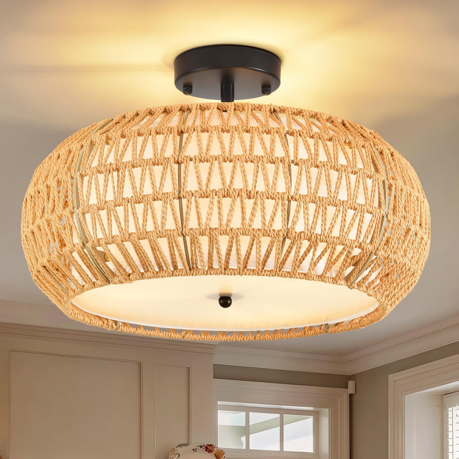 Photo 1 of ZECOXOL Boho Flush Mount Ceiling Light Fixture 17.8",3 Light Rattan Chandelier Light Fixture Woven Wicker Ceiling Light Fixtures Flush Mount for Hallway Bedroom Kitchen Entryway Living Room Island