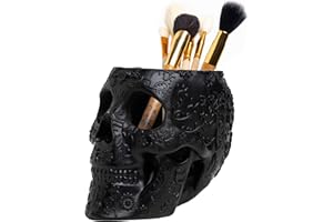 THE WINE SAVANT Skull Makeup Brush Holder, Pen Holder, Vanity, Desk, Office Organizer, Stationary, Decor Planter, Candy Bowl, Goth Decorations, Extra Large, Skulls Gothic Skull & Bones Organizer Bathroom (Black)