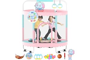 HOEE Trampoline for Kids 60''/48'' Toddler Trampoline, Outdoor Indoor Recreational Trampolines with Enclosure Net, Swing, Adjustable Gymnastics Bars, Basketball Hoop, Dartboard, Gifts for Boys & Girls