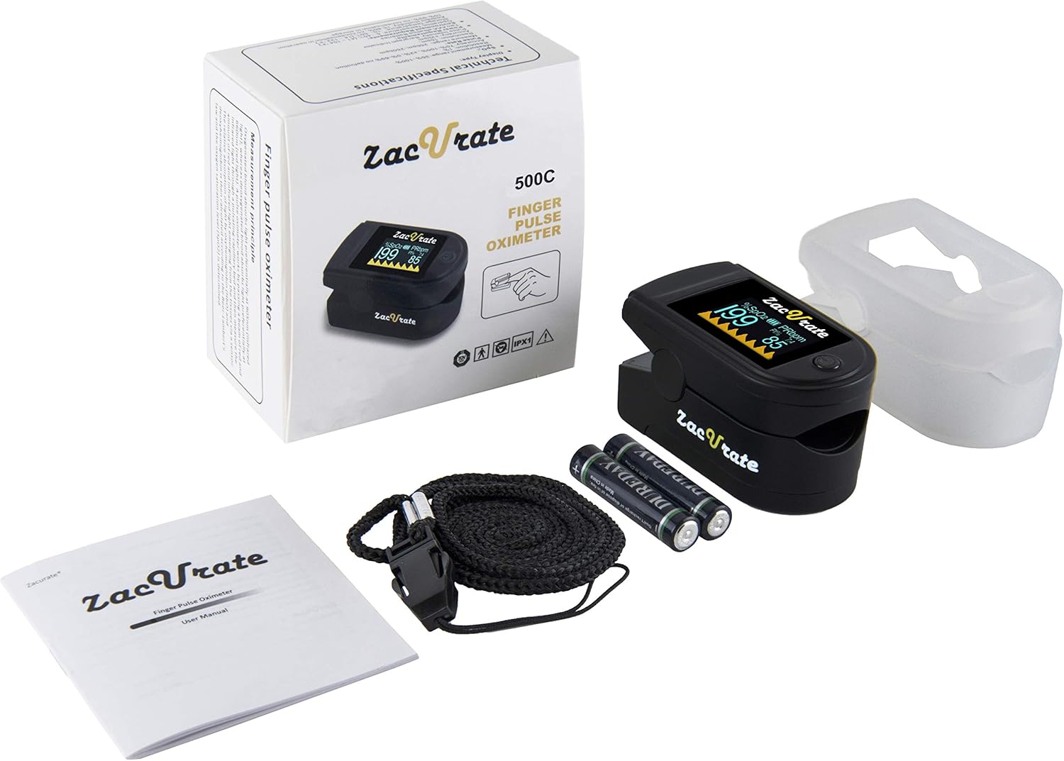 Zacurate 500C Elite Fingertip Pulse Oximeter Blood Oxygen Saturation Monitor with Silicon Cover, Batteries and Lanyard (Coal Black): Health & Personal Care