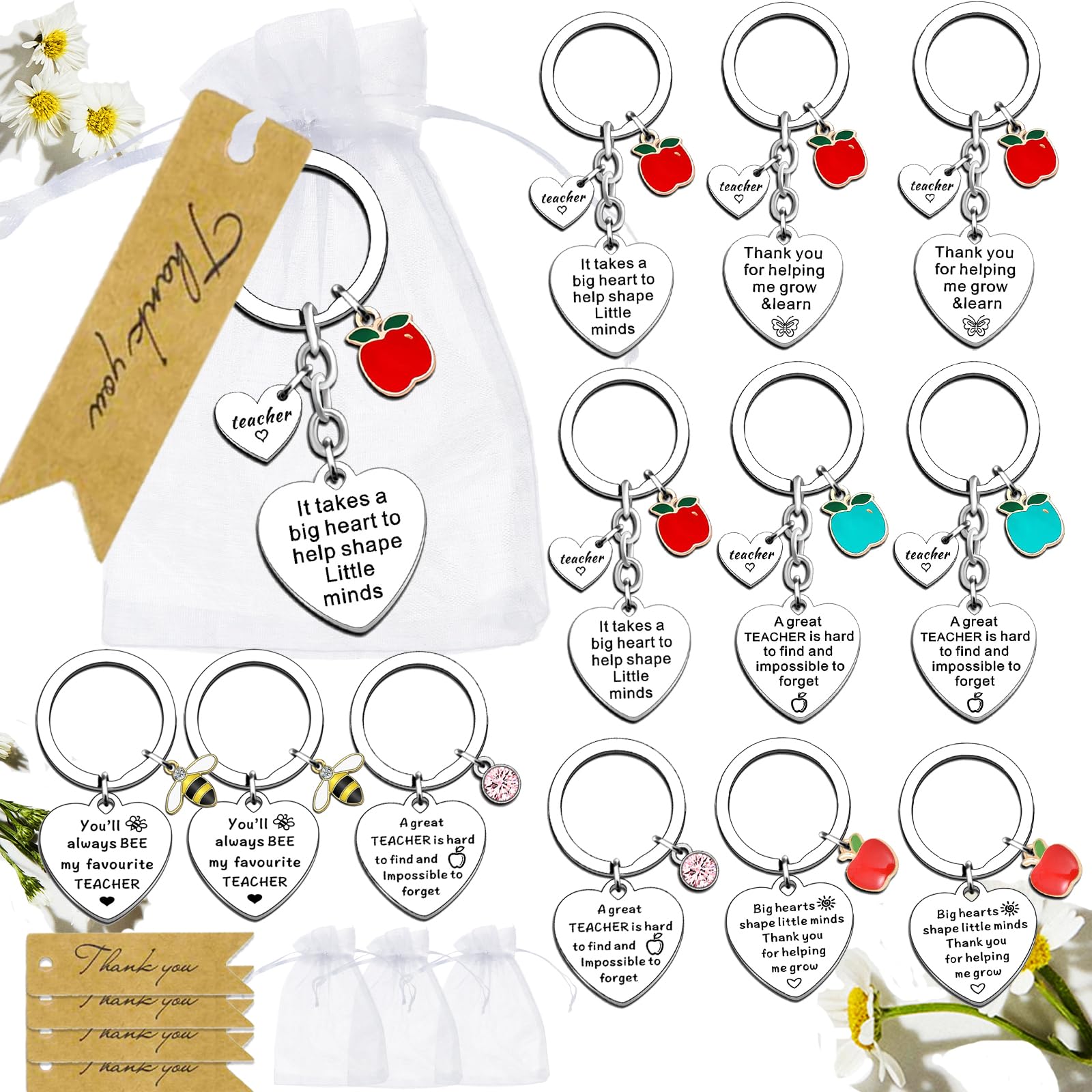 Johiux 12 Set Thank You Teacher Gifts for Women Men,Thank You Keychain Gifts,Teacher Appreciation Gift,Leaving Presents for Teacher,Retirement Gifts for Teachers, Christmas Thanksgiving Teacher Gifts