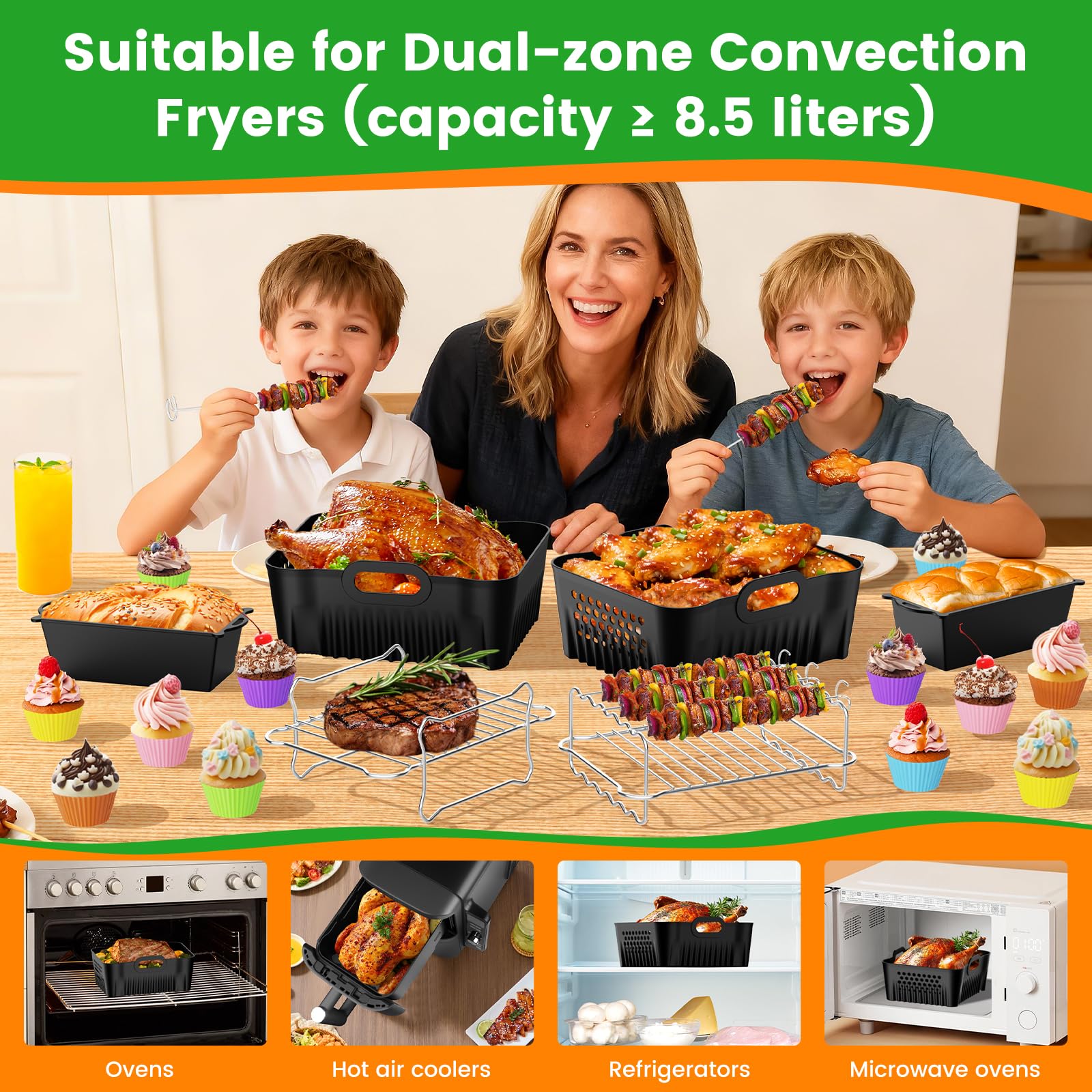 Silikonform Heißluftfritteuse Zubehör für Ninja Double Stack XL 9.5L Air Fryer SL400EU SL400EUCP, 2 Stück Airfryer Silikon Einsatz für Ninja Foodi MAX Dual Zone SL400EU/COSORI 8.5L, 27 Artikel 7