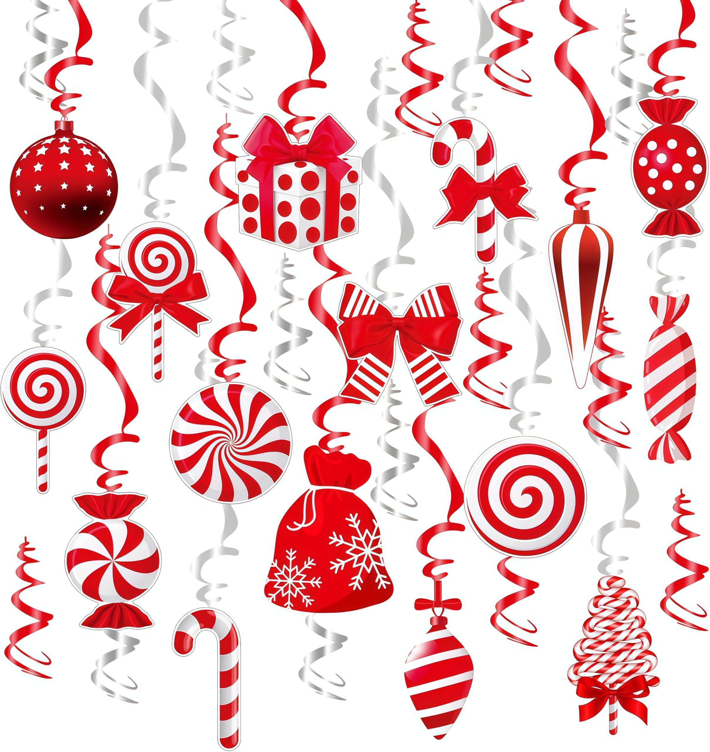30 Rolls Christmas Party Hanging Swirl Decorations-Red Xmas Candy Hanging Swirls Ceiling Decorations Shiny Foil Swirls for Christmas,Xmas Theme Home Kids Party Supplies
