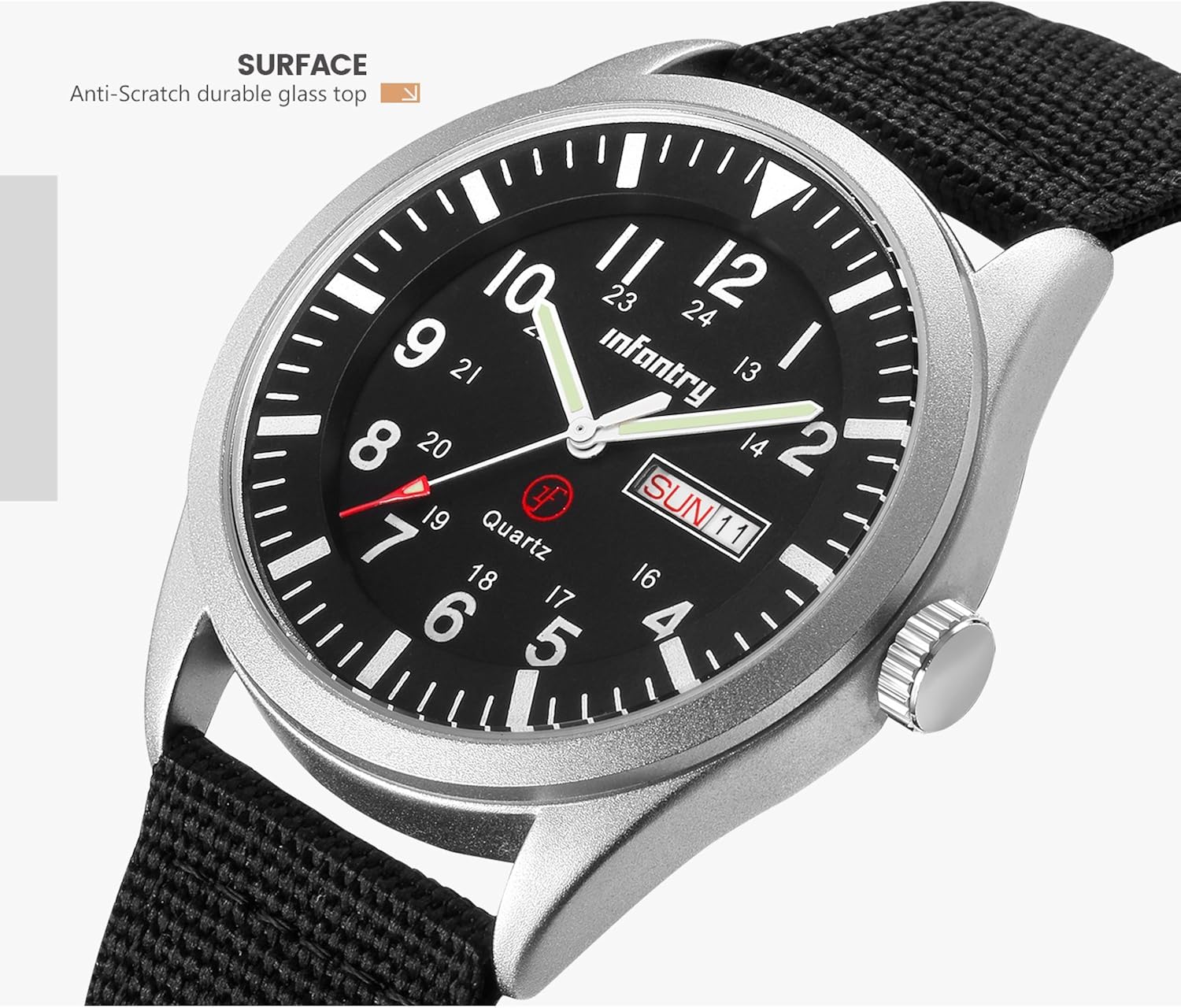 Infantry Mens Military Army Watch, Gents Silver Case Analogue Tactical Wristwatch, 12/24 Hour Military Time with Day Date - Image 4