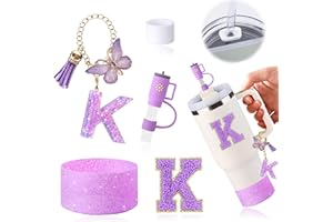 AiScrofa Stanley Cup Accessories Set of 6 PCS, Including Letter Stickers, Letter Chains, Straw Caps, Cup Sleeves, and Spill Proof Stoppers, Purple, 30 Oz 40 Oz, Water Bottle Carrier Set