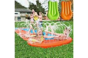 ANGELGGH Inflatable Slide Blow Up Water Toys for Garden Lawn Outdoors, Water Slip Racing Lanes Splash Pool for Kids and Adults Backyard (Blue)
