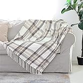 Taupe Grey and White Plaid Decor Tartan Blanket, Lightweight Soft Chenille Striped Knitted Rustic Farmhouse Throw with Tassels for Couch Sofa Chair Bed Office Home, 50" x 60"