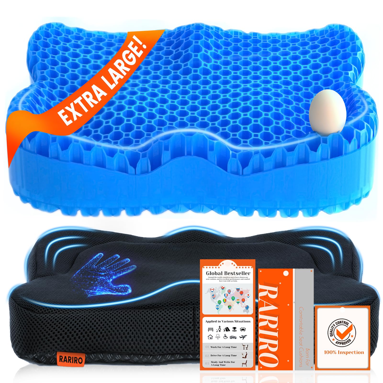 Photo 1 of Enlarged 19.7" Gel Seat Cushion, Egg Gel Chair Pads for Wheelchair Pressure Coccyx Sciatica Pain Relief, Cooling Desk Seat Cushion for Kayak, Car, Office Chair Long Sitting[Blue]