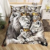 Lion Family Kids Duvet Cover Set Queen Size,Gold King and Queen Crown Bedding Set,Boys Men Room Decor,Wild African Animal Hunting Adventure Comforter Cover,Grey Quilt Cover,2 Pillowcases(No Comforter)