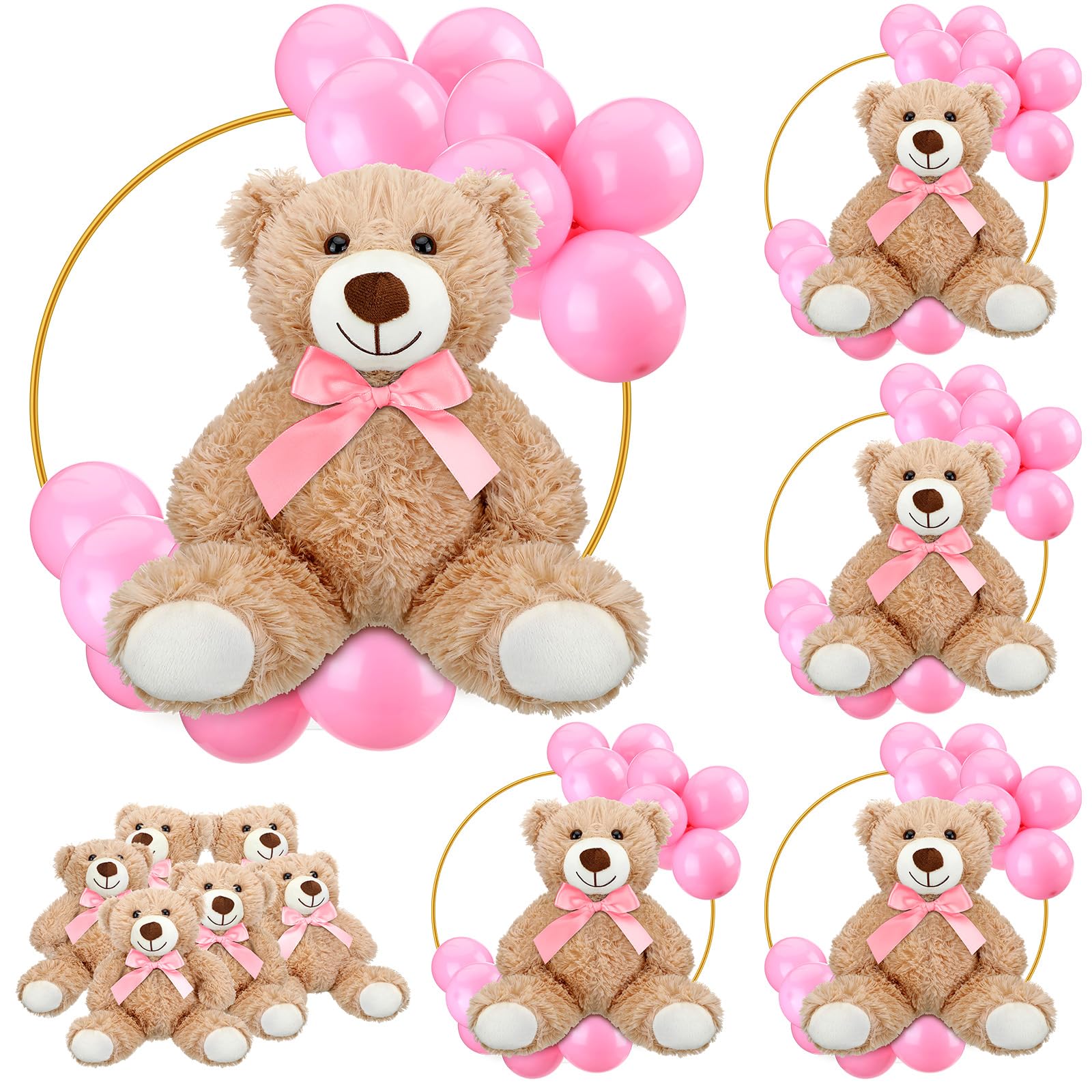 Photo 1 of VercanMonth 6 Sets Bear Baby Shower Table Centerpieces Bear Stuffed Animals 12 Inch Metal Floral Hoop with Stand Balloon for Wedding Baby Shower Birthday Flowers Table Decorations(Pink)