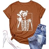 Hot Coffee Skeleton Shirt for Women Halloween Skeleton T-Shirt Funny Fall Skull Graphic Tees Tops Blouse Gift