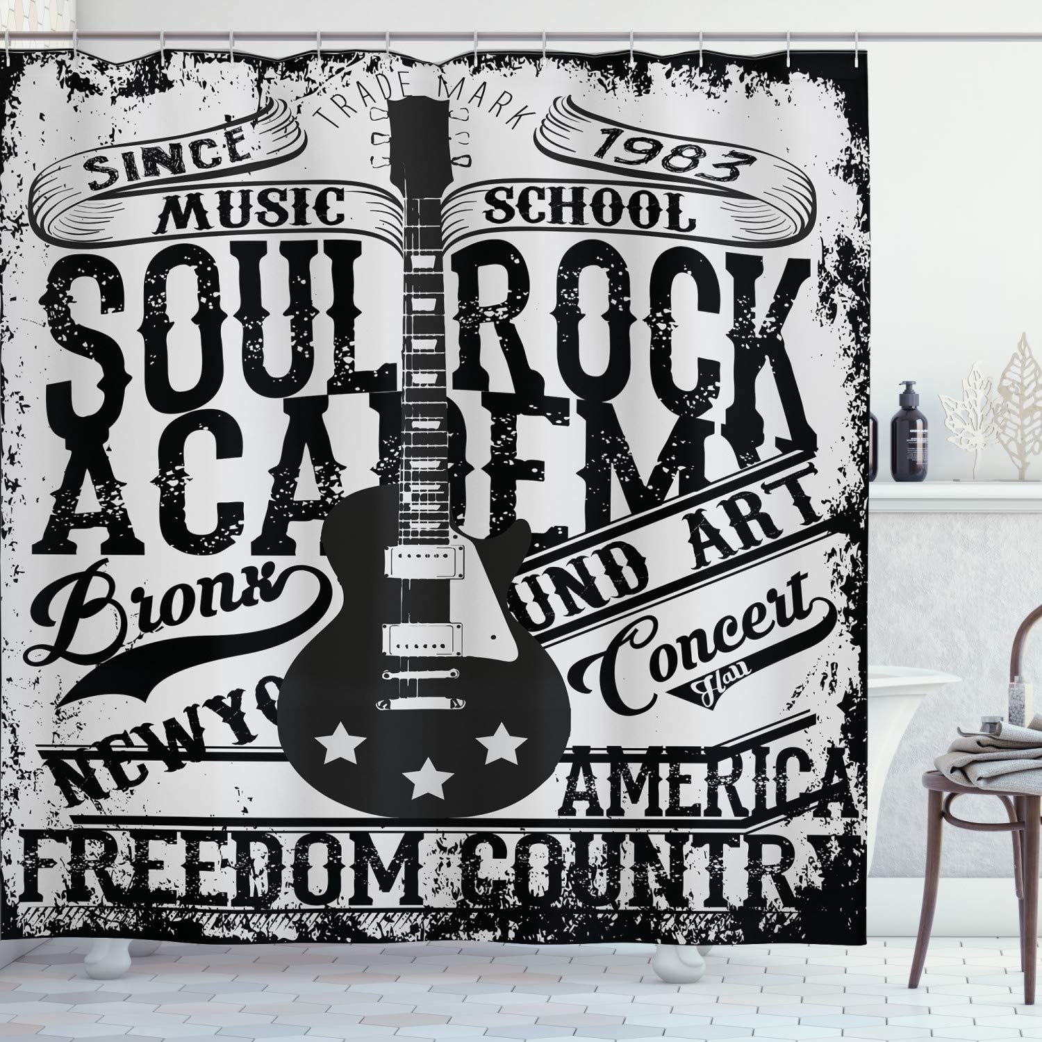 ABAKUHAUS Retro Shower Curtain, Soul Rock Academy Theme Music School Electric Guitar Freedom Poster Like Image, Cloth Fabric Bathroom Decor Set with Hooks, 86 Inches Extra Long, Beige and Black