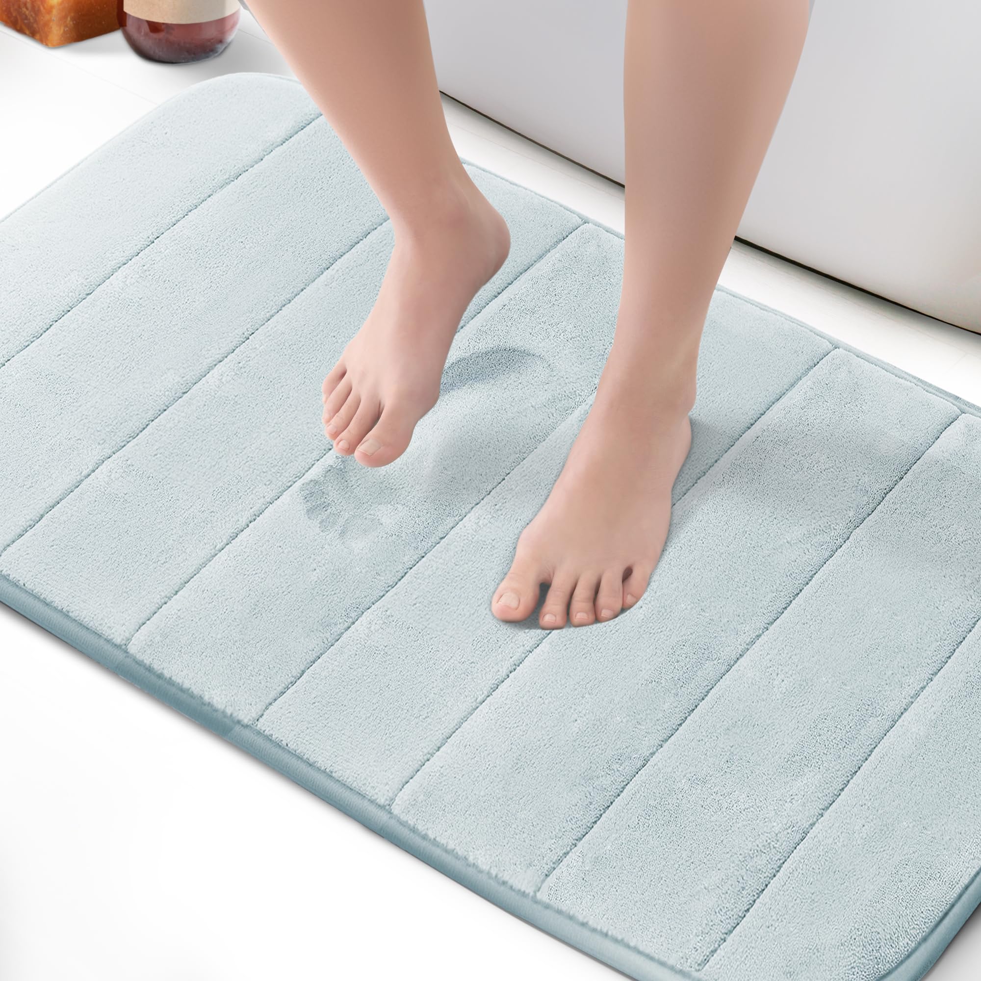 KEPLIN Memory Foam Bath Mat - Ultra-Soft, Highly Absorbent, Non-Slip, Machine Washable - Luxurious Comfort for Home & Bathroom Floors (Light Blue, 50 x 80cm)